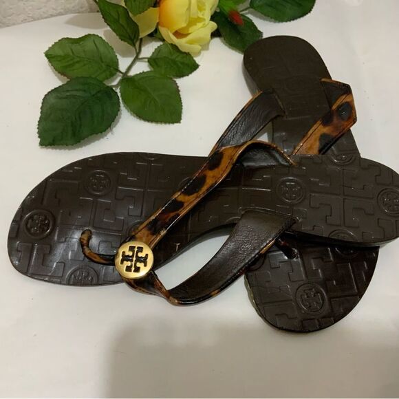 Tory Burch Leather Thong Leopard Animal Print Sandals 7 - Picture 4 of 12